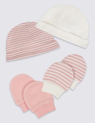 4 Piece Pure Cotton Premature Hat & Mittens Set